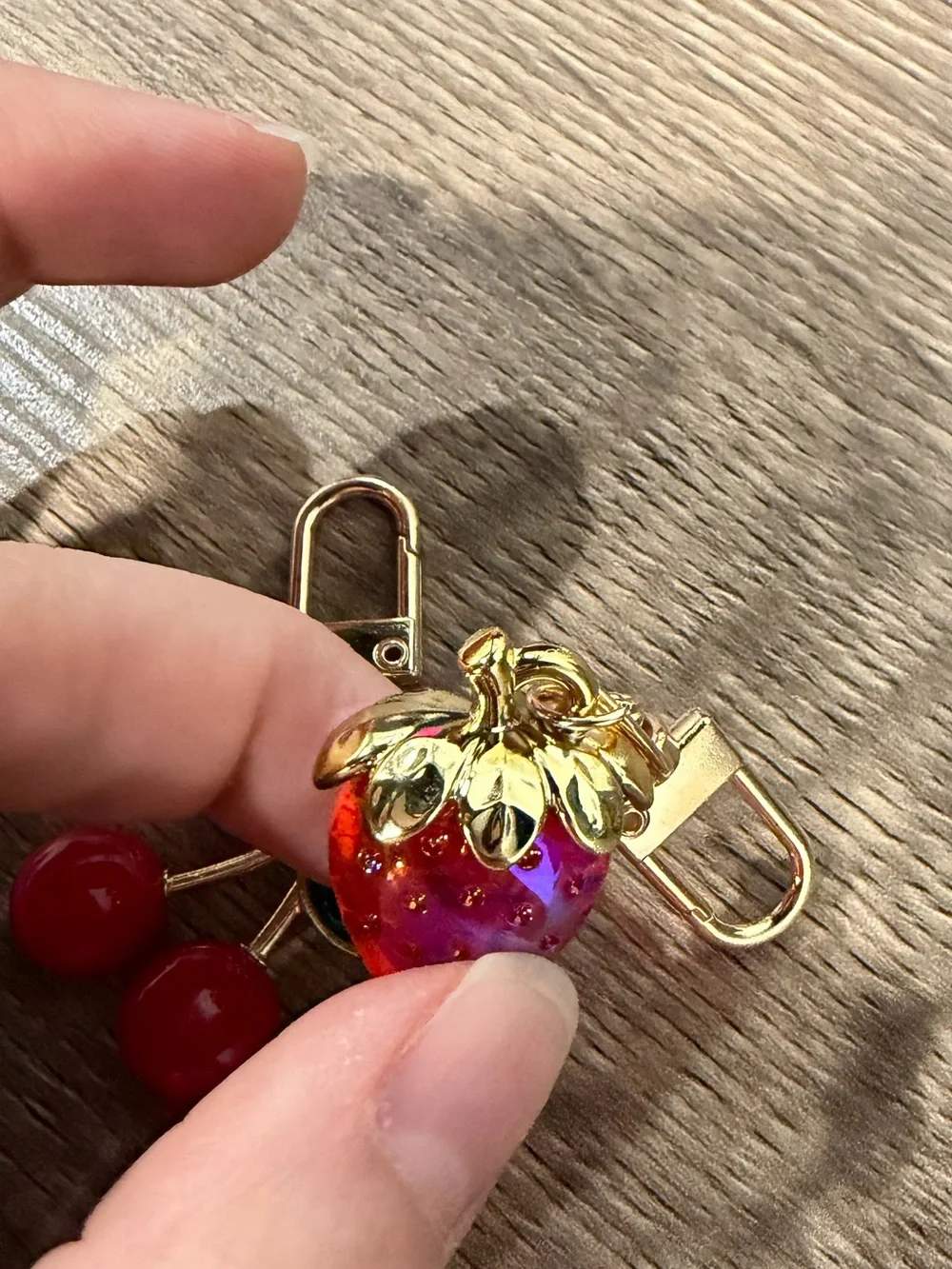 2 Pieces Gold Tone Fruit Keychain Set Red Strawberry Red Cherry Charms NEW